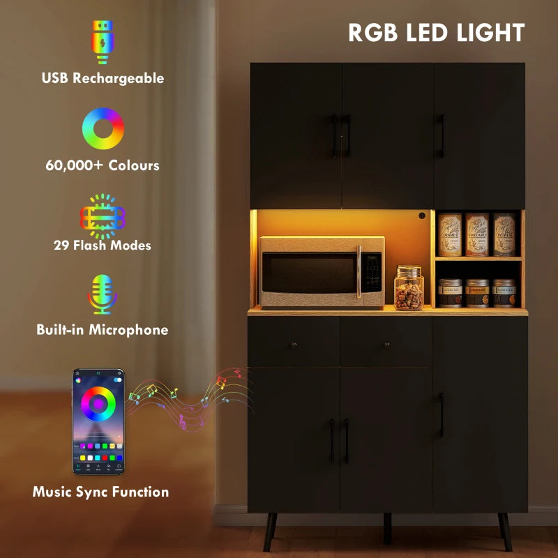 176 cm Modern Kitchen Cupboard with LED Lights - Stylish Oak and Black Storage Solution for Home