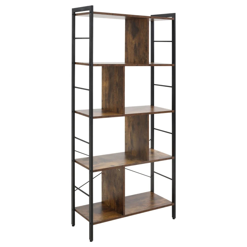 Industrial 5-Tier Storage Unit Bookcase with Open Compartments - Rustic Brown & Black for Office, Living Room, Bedroom
