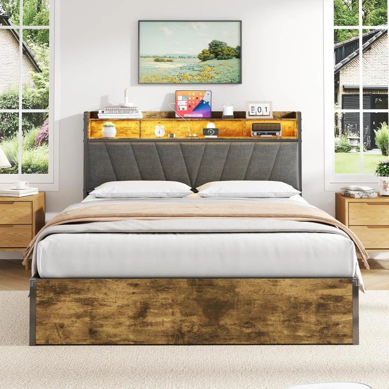 Double Bed Frame with RGB LED Headboard & Charging Station, Hydraulic Storage, Linen Fabric, Black & Walnut, 205x136x109 cm