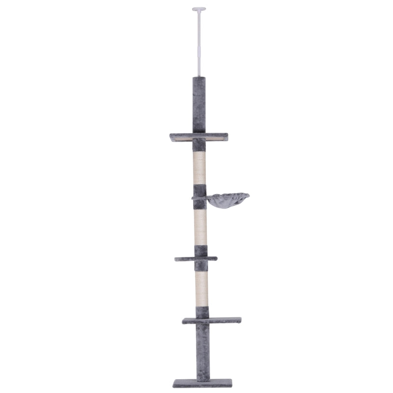 Adjustable 5-Tier Cat Tree 230-260cm - Floor to Ceiling Cat Tower with Scratching Post, Hammock & Perches for Indoor Kittens - Grey