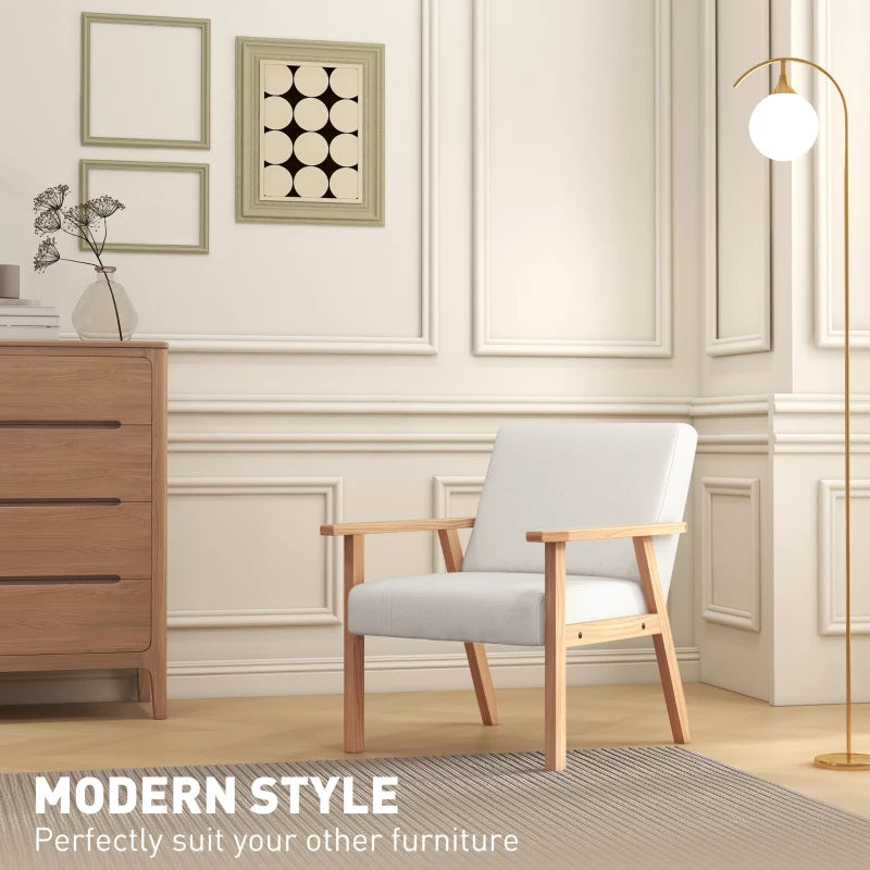 Stylish Cream White Accent Chair with Thick Linen Cushions and Wooden Frame for Home and Office