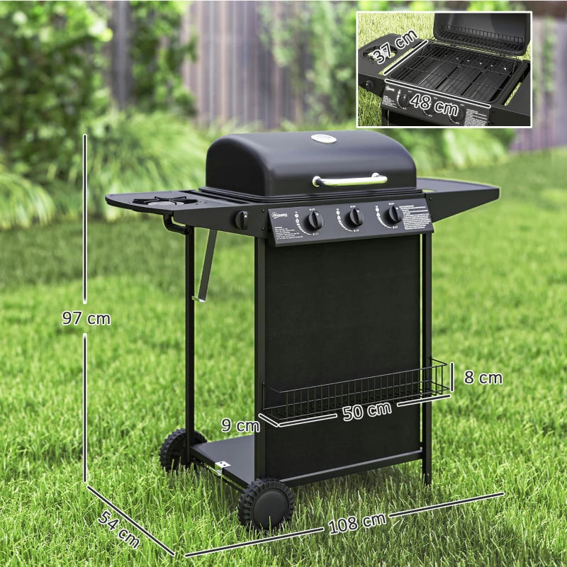 3+1 Burner Portable Gas BBQ Grill with Thermometer, Side Table, Wheels for Outdoor Cooking