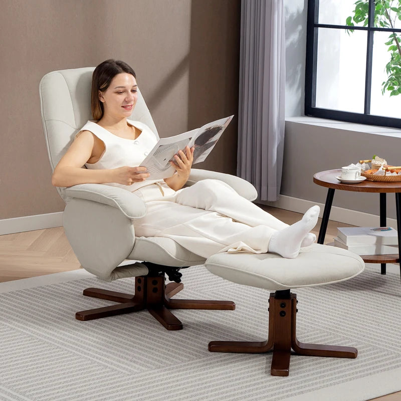 Linen Swivel Recliner Chair with Footstool Upholstered Reclining Armchair with Wooden Base for Living Room Beige