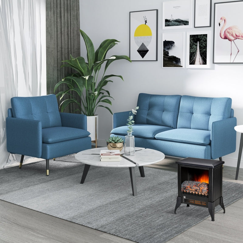 Modern Button Tufted Armchair with Cushions and Steel Legs - Dark Blue Accent Chair for Living Room or Guest Room