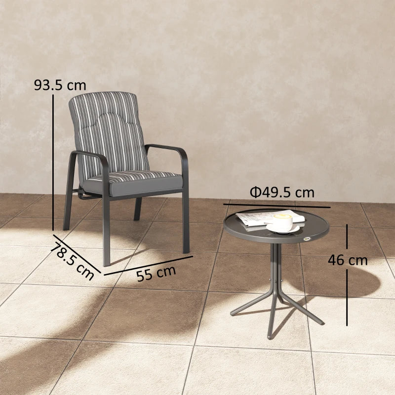 3-Piece Patio Bistro Set with Adjustable Recliner Chairs, Glass Table, Cushions - Grey Garden Furniture