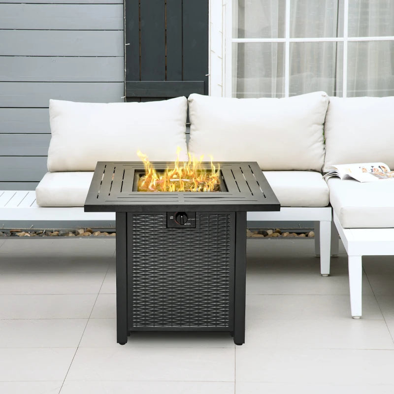 Square Propane Gas Fire Pit Table 40000 BTU - Smokeless Rattan Patio Heater with Cover, Lava Rocks & Lid - 71cm Black