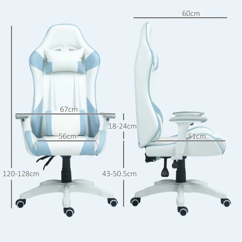Faux Leather Colour Block Gaming Chair - 135° Recline, Stylish Blue/White Design for Ultimate Comfort and Support
