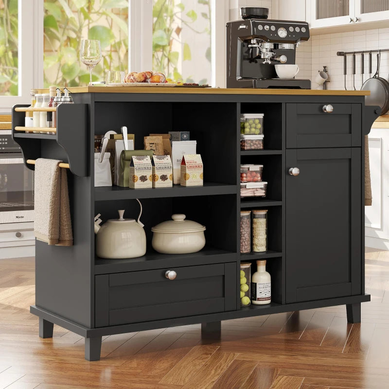 Mobile Kitchen Trolley with 5 Wheels, Drawers & Cupboards - Wooden Food Cart for Kitchen Organization, 129L x 46W x 92H cm, Black