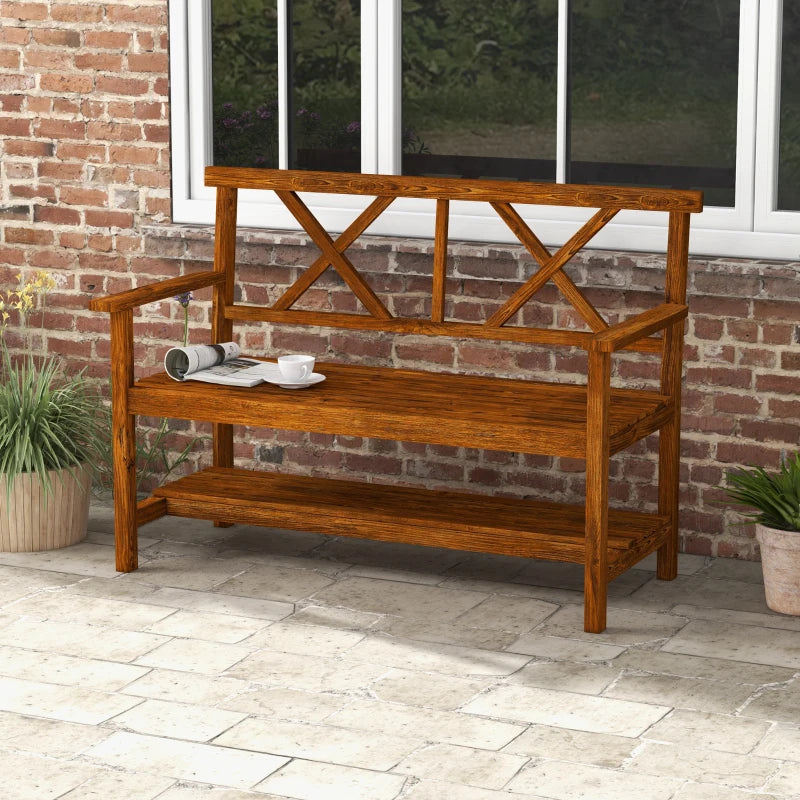 Natural Fir Wood Two-Seater Bench with Shelf