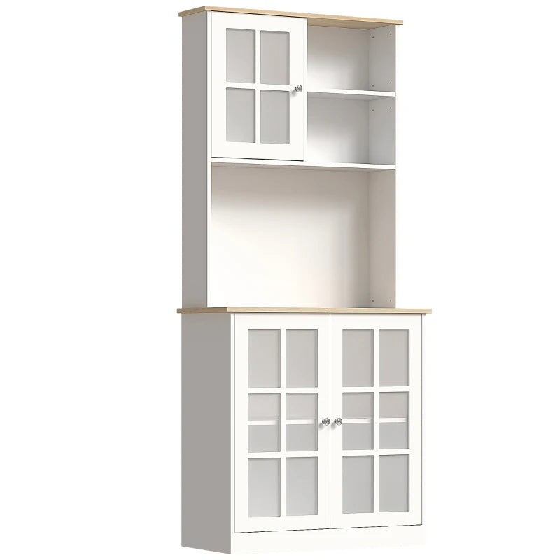 Freestanding Kitchen Storage Cabinet with Adjustable Shelves and Glass Doors 80L x 37W x 183H cm White