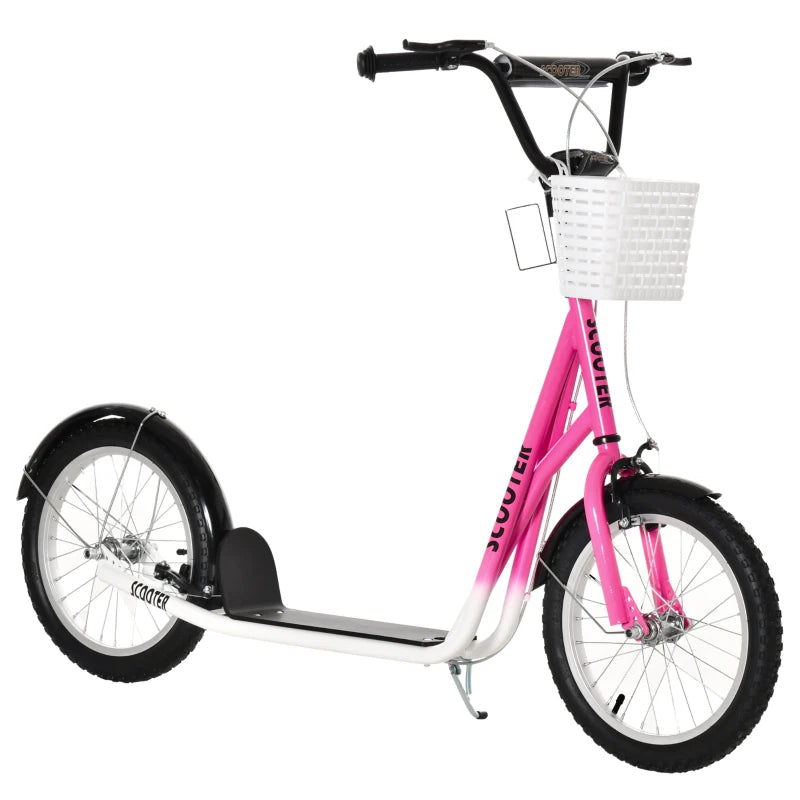 Kids Kick Stunt Scooter with Adjustable Handlebar, Dual Brakes, Basket & Cupholder, 16" Inflatable Wheels, Pink for Ages 5-12