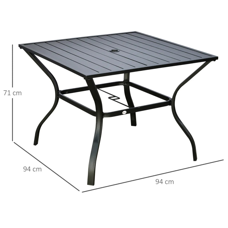 Black Metal Outdoor Dining Table for Four with Parasol Hole, 94 x 94 cm