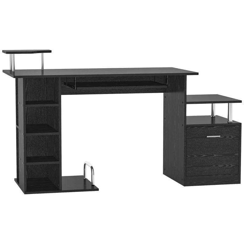 Modern Black Computer Desk with Drawer & Shelves - PC Workstation & CPU Storage Rack for Home Office - 152x60x88cm