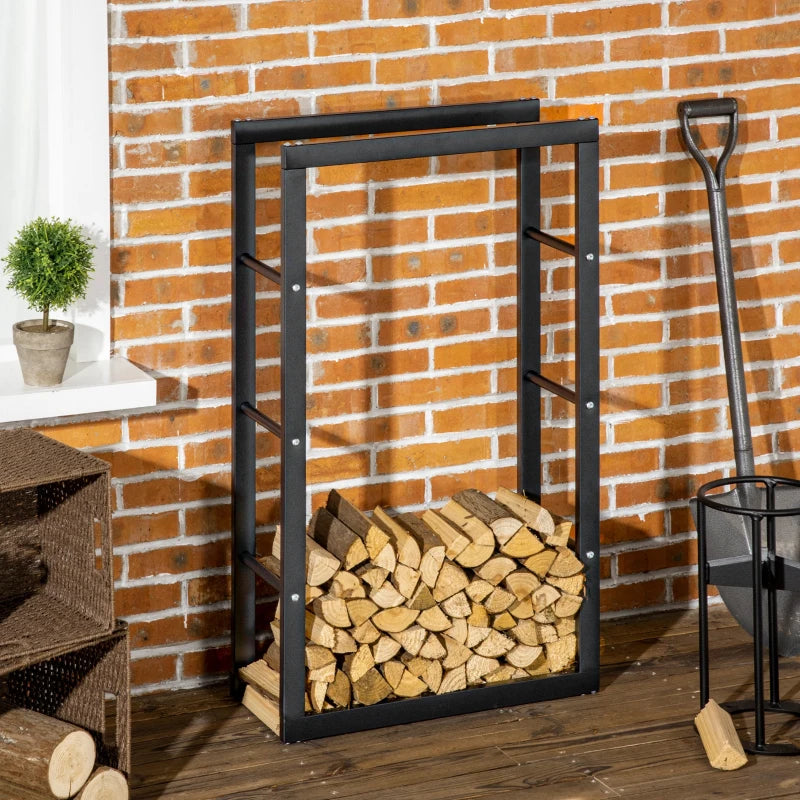 Tall Metal Firewood Log Holder Rack - Indoor Outdoor Fireplace Wood Storage Shelf, Rust-Resistant, Black, 60W x 25D x 100H cm