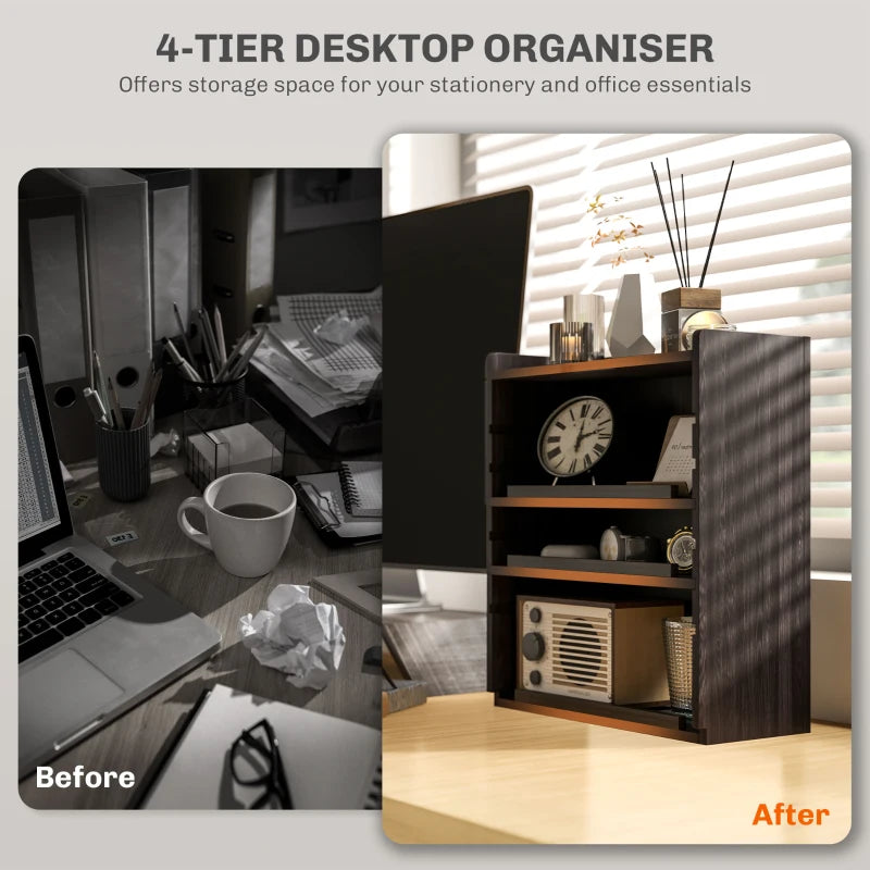 Stylish Four-Tier Desktop Organiser in Dark Brown - Perfect for Home Office, School, or Workspace Organization