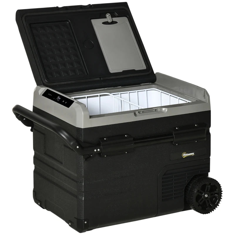 50L Portable Car Refrigerator Compressor Cooler Box with LED Light Foldable Handles Cup Holders 12V 24V DC and 110V 240V AC for RV Campervan Boat Travel -20 Degrees Celsius