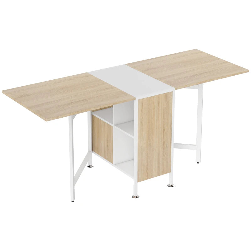 Foldable Drop Leaf Dining Table with Storage Shelves - Compact Oak & White Workstation for Small Spaces