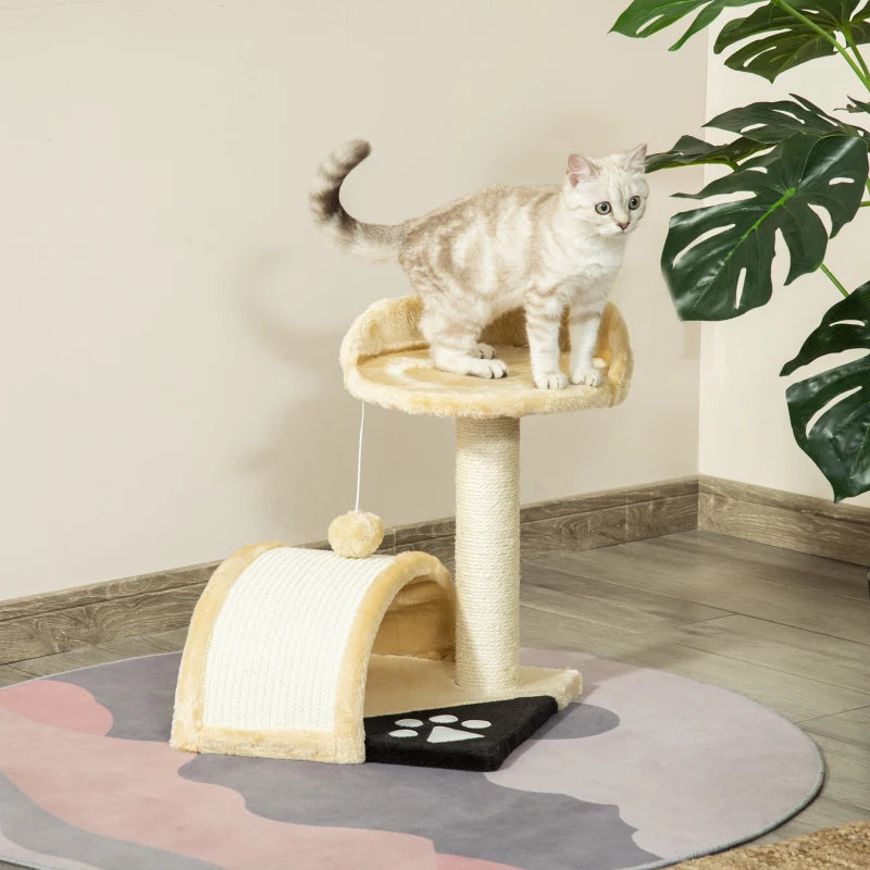 Beige Cat Tree Scratching Post - Kitten Activity Centre with Climber & Hanging Ball - Durable Cat Furniture