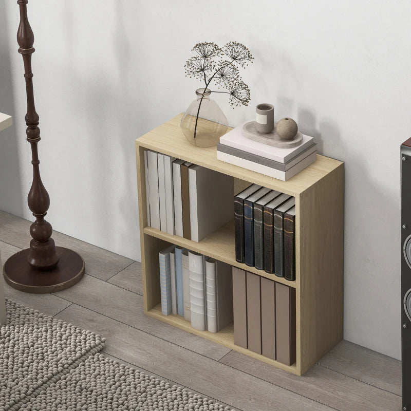 Natural 2-Tier Bookshelf - Adjustable Low Bookcase with 2 Compartments for Home Office, Living Room & Study