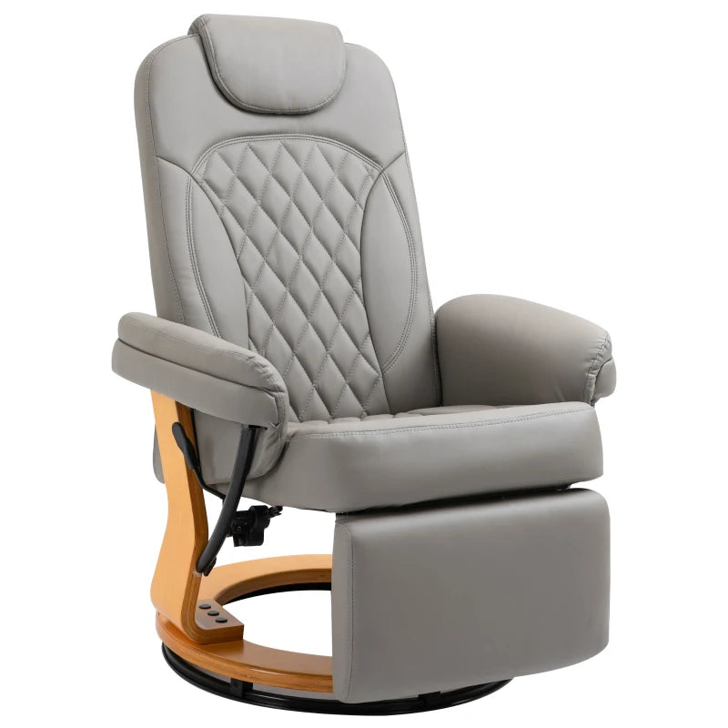 Comfortable PU Recliner Chair with Footrest and Headrest, Stylish Round Wooden Base for Living Room, Bedroom, or Office, Grey