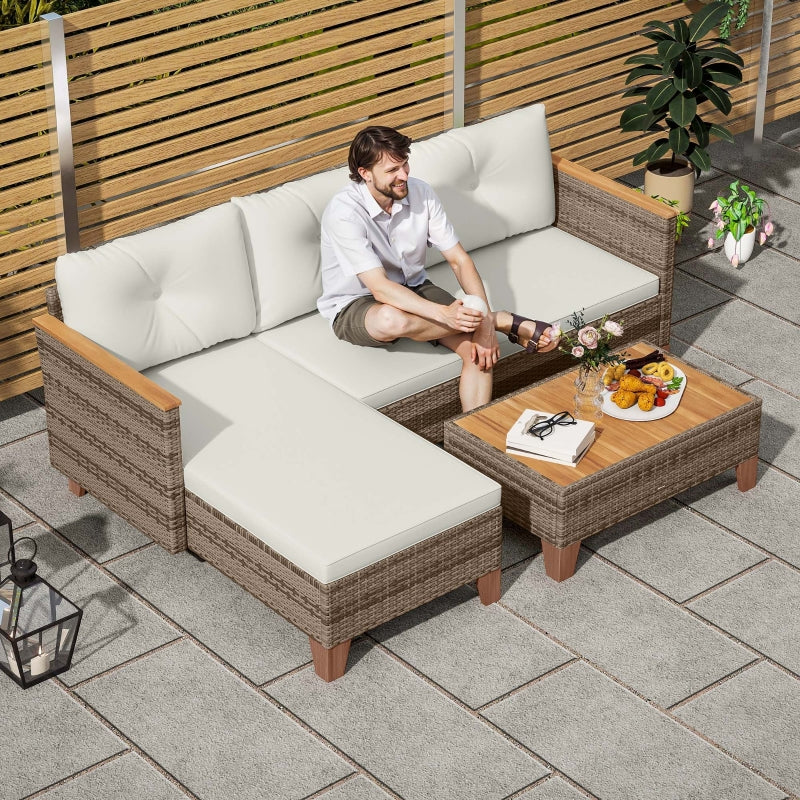 3-Piece Rattan Garden Furniture Set - L-Shaped Chaise Lounge & Coffee Table with Cushions