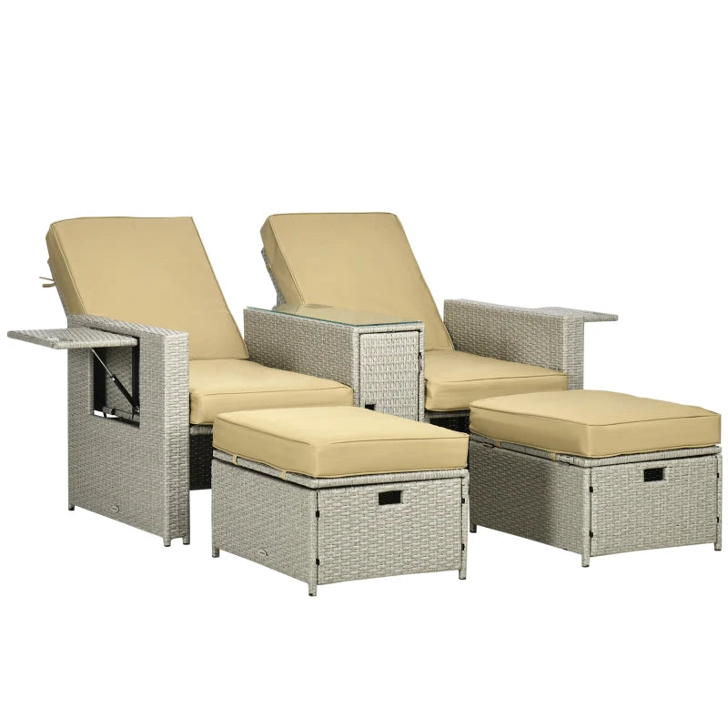 Beige 5PC Rattan Outdoor Sun Lounger Set with Storage Table