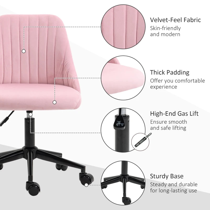 Vinsetto Pink Velvet-Feel Armless Office Chair - Stylish Ergonomic Design for Home & Office - Comfortable Seating Solution