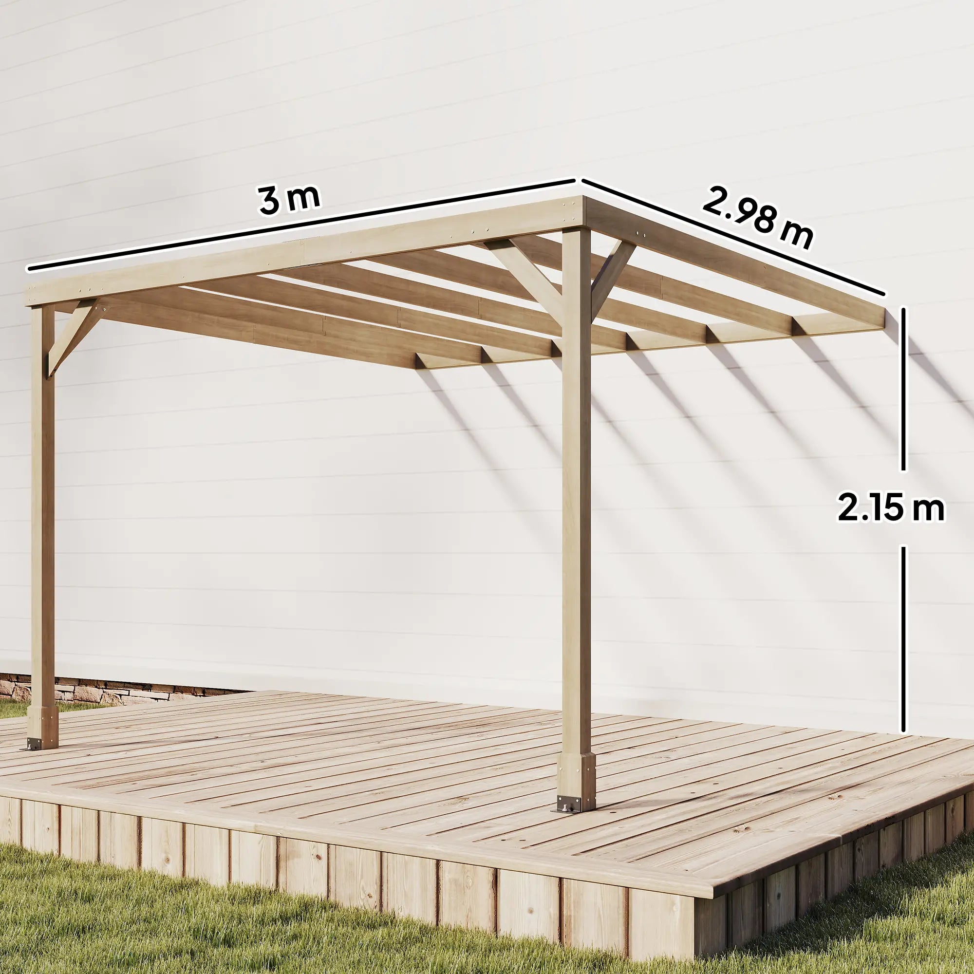 3x3m Lean-To Wooden Pergola Kit – Light Brown Decorative Garden Gazebo with Concrete Anchors & Stable Support Frame