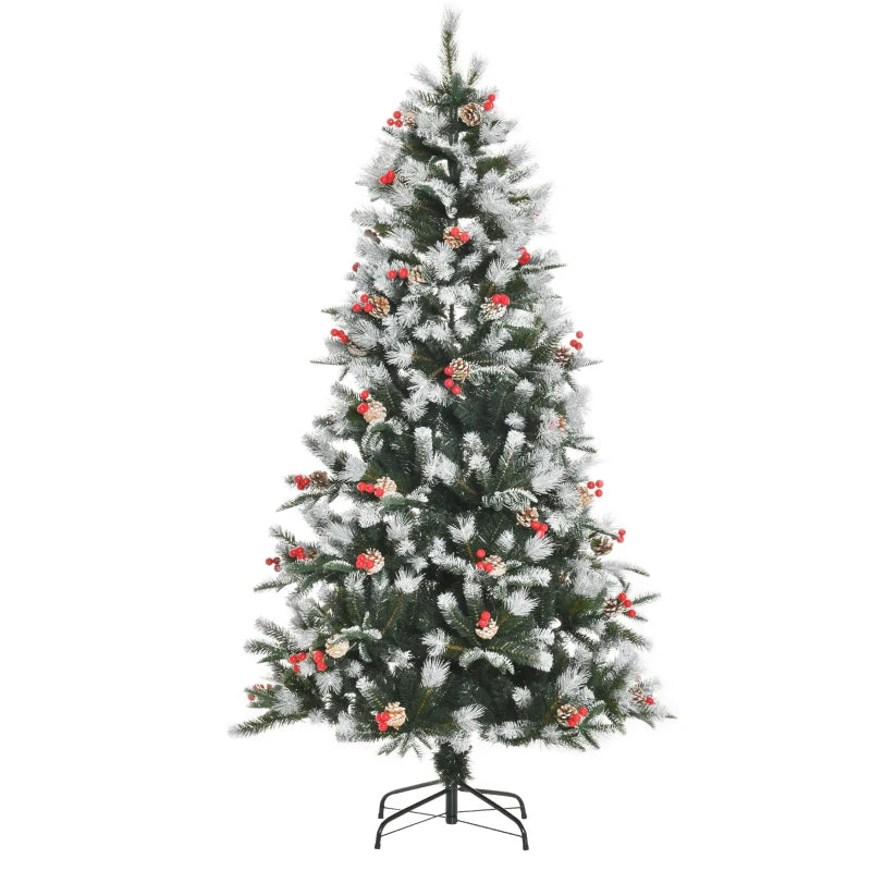 6FT Snow Dipped Christmas Pencil Tree with Red Berries & Pinecones - Foldable Holiday Decoration for Home Parties