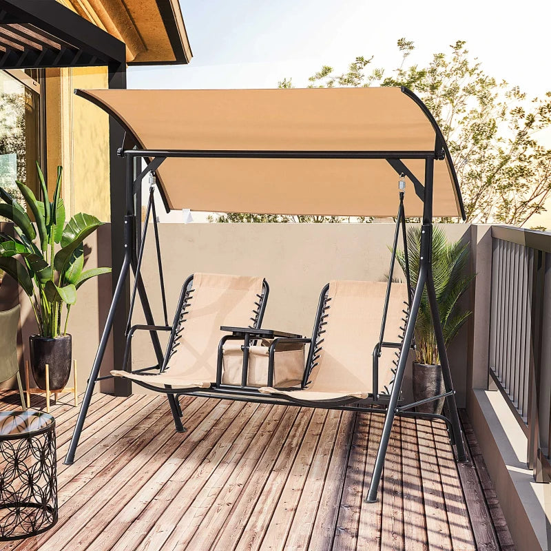 Beige 2 Seater Garden Swing Chair with Canopy, Table, Cup Holders