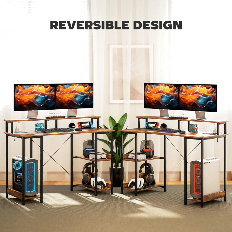 Rustic Brown LED Computer Desk with Power Outlets & Shelves - Modern Home Office Furniture for Productivity