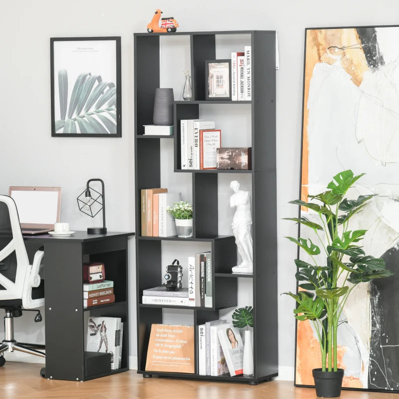 8 Tier Freestanding Bookcase Melamine Surface Anti Tipping Foot Pads Home Display Storage Grid Stand Bedroom Living Room Furniture Modern Black