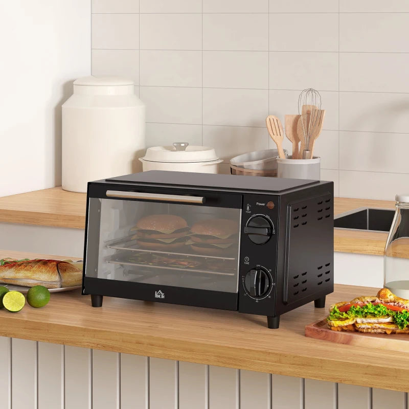 Compact 9L Mini Oven & Electric Grill - Adjustable Temp, Timer, Dishwasher Safe Tray, 750W, Black Countertop Toaster Oven