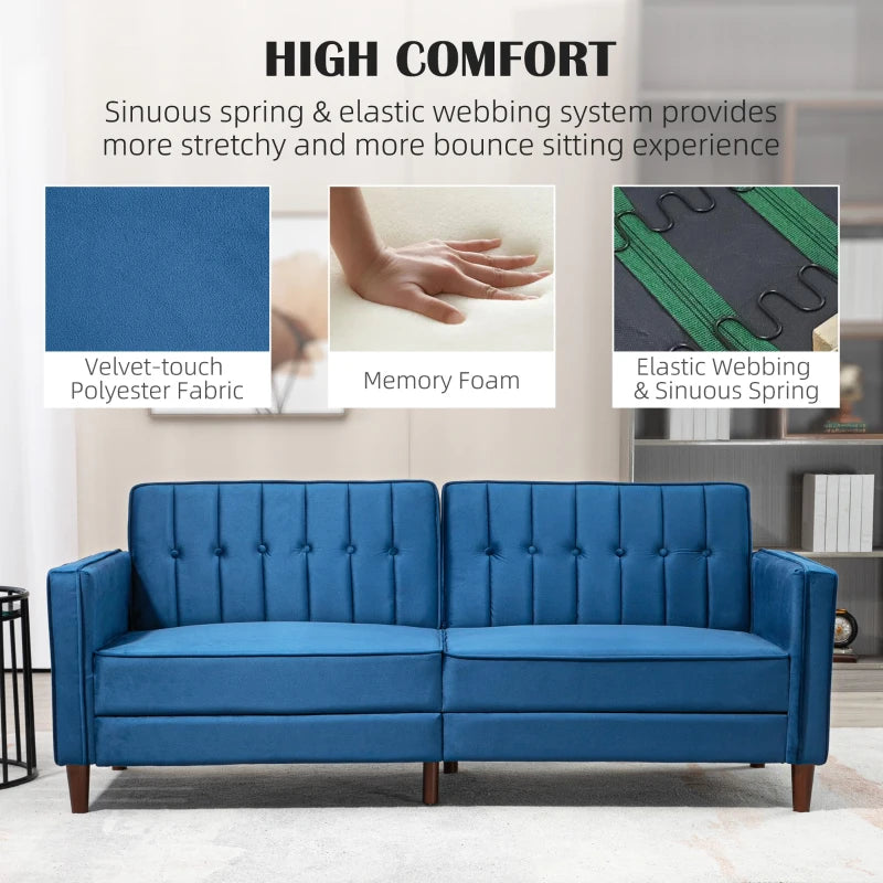 Velvet-Feel Three-Seater Sofa Bed in Blue for Stylish Living Room Comfort