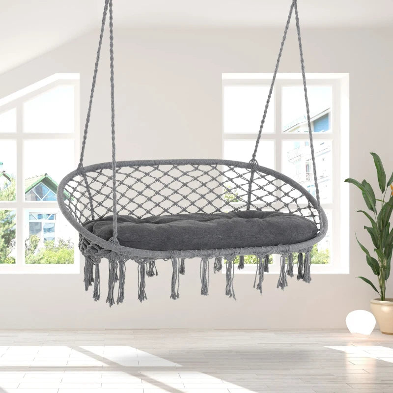Dark Grey 2-Seater Macrame Hanging Hammock Chair with Soft Cushion