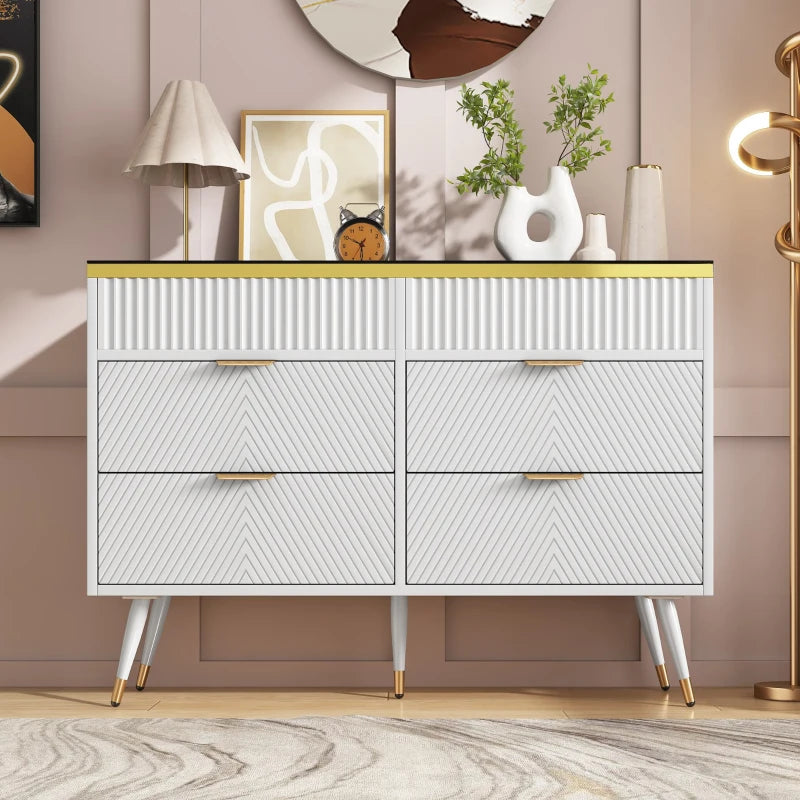Modern Anti-Tip Sideboard Cabinet with 6 Drawers - Amber Glass & Wood Storage Chest for Living Room - 120x40x76 cm, White