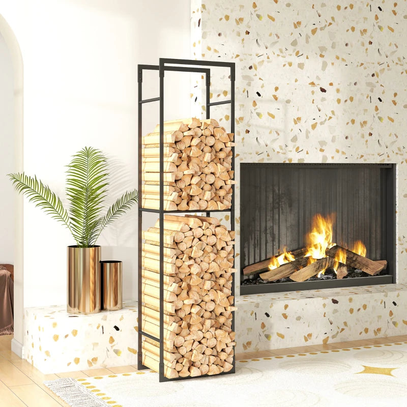 Heavy Duty Metal Firewood Log Holder Rack with Adjustable Shelf - Indoor/Outdoor Fireplace Wood Storage, 45x31x170 cm, Black