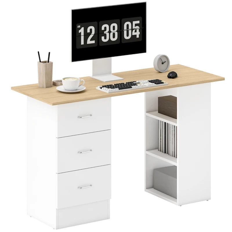 Modern Computer Desk with Storage Shelves and Drawers for Home Office Natural Wood Finish and White