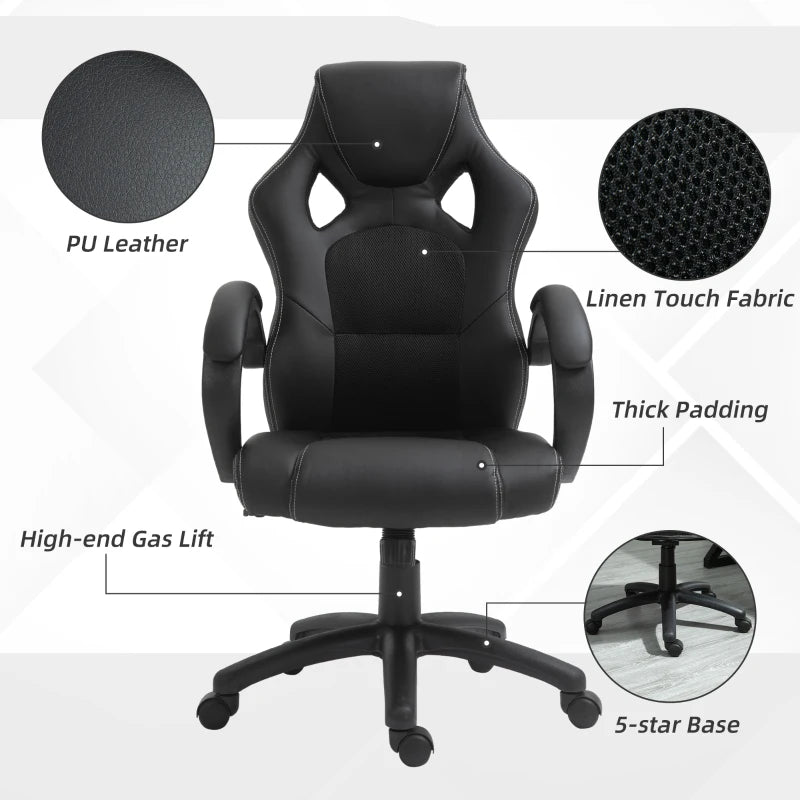 Vinsetto Ergonomic Faux Leather Swivel Office Chair with Wheels and Armrests for Home Office Black
