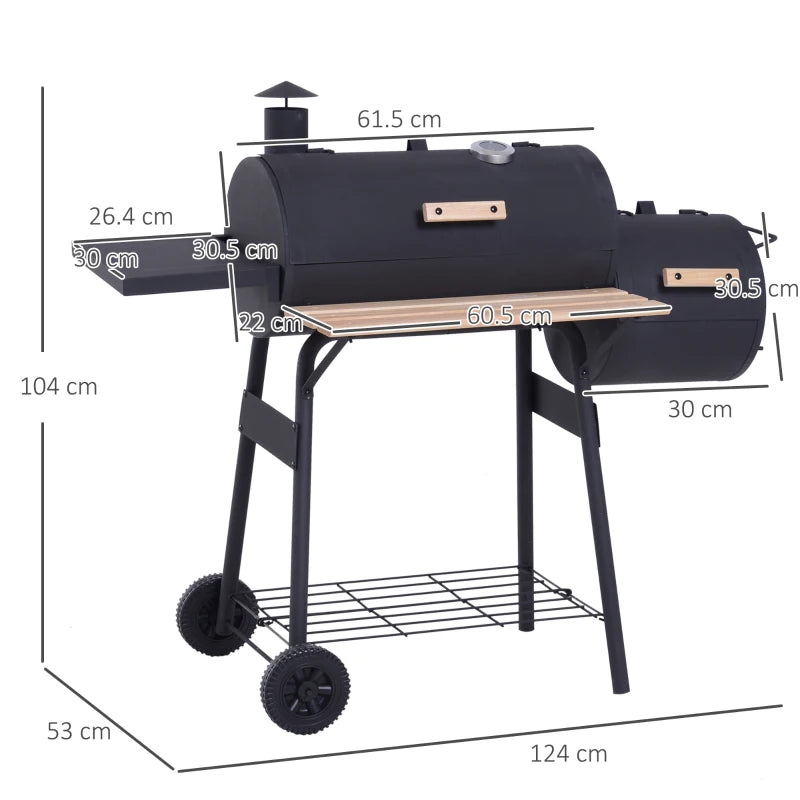 Portable Charcoal BBQ Grill, Cold-Rolled Steel & Solid Wood, Black, 104x124x53 cm