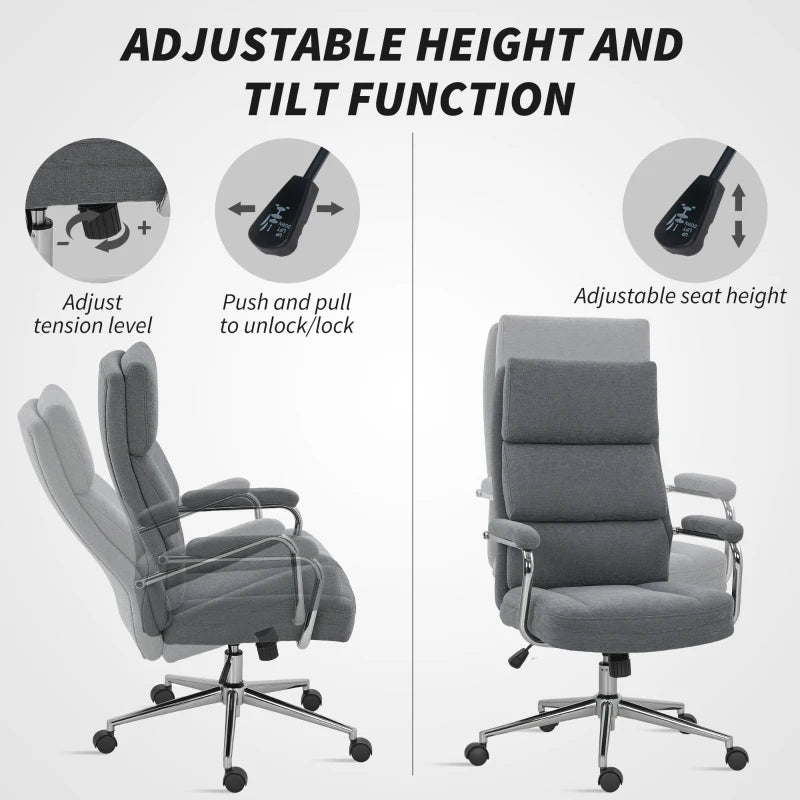 Executive Office Chair - Charcoal Grey Linen Fabric Desk Chair with Double-Layer Back Cushion, Tilt Function & Height Adjustment