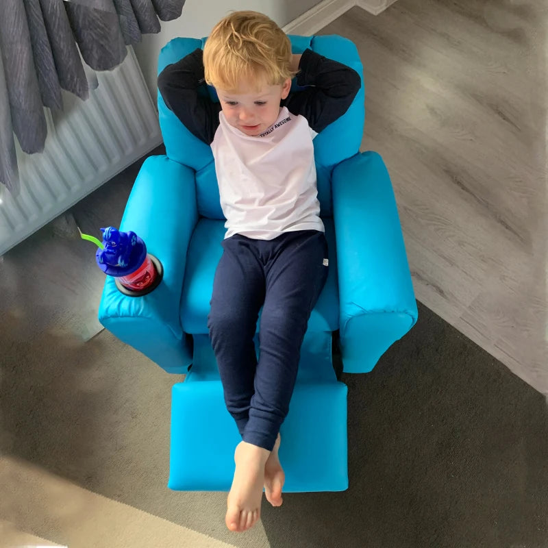 Kids Recliner Chair - Blue PU Leather, Adjustable Backrest & Footrest, Padded Headrest for Comfort - Perfect for Playtime!