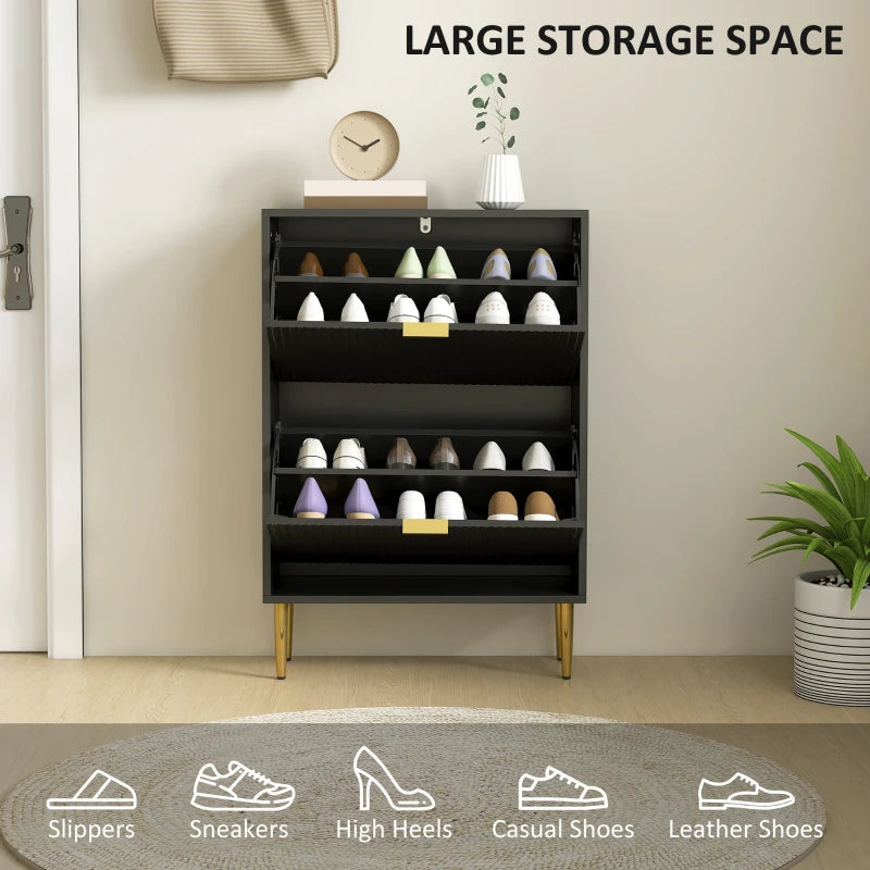 Narrow Black Shoe Cabinet with 2 Flip Drawers for Space Saving Storage