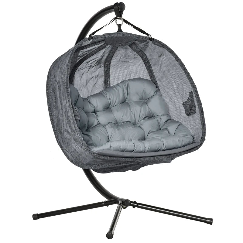 Grey Double Seater Hanging Egg Swing Chair with Stand and Cushion