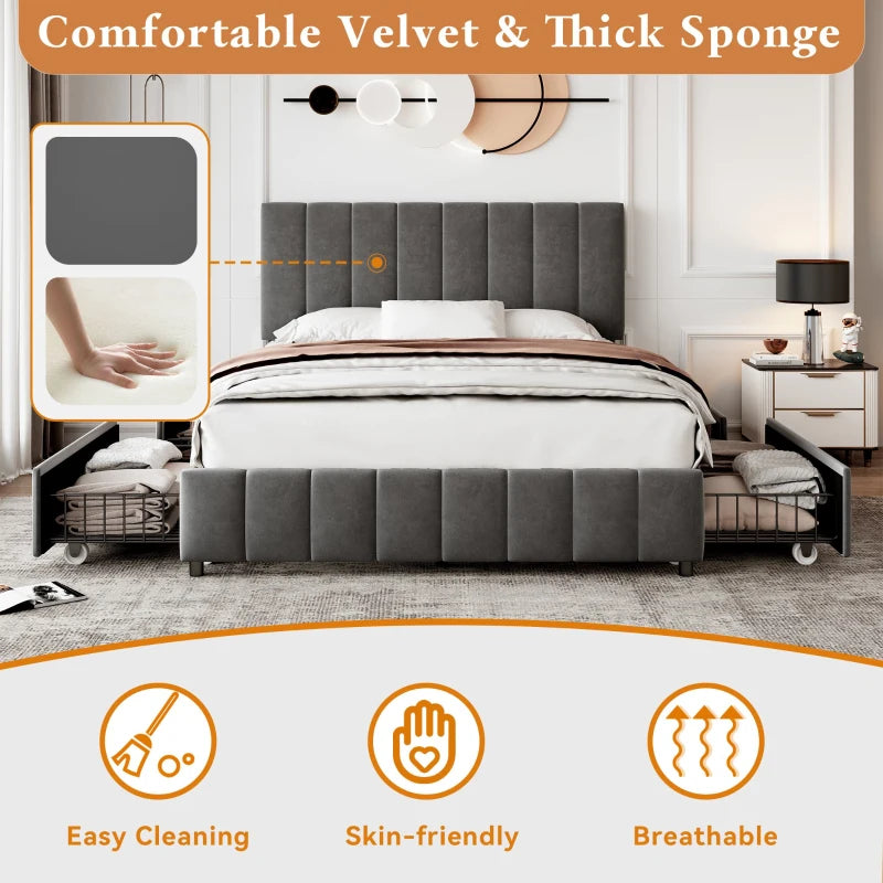 Velvet Double Bed with 4 Storage Drawers & Adjustable Tufted Headboard - Easy Assembly, Grey, 196L x 143W x 108H cm