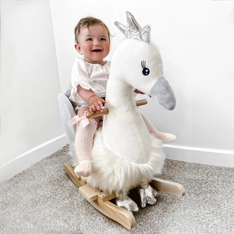 Kids Plush Rocking Horse & Swan Ride-On Toy with Sound, Wooden Base, Safety Belt for Toddlers 18-36 Months - White & Grey