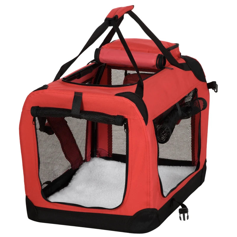 Foldable Pet Carrier for Small Dogs & Cats - Portable Soft-Sided Travel Crate with Removable Mat & Mesh Window - Red 60x42x42cm
