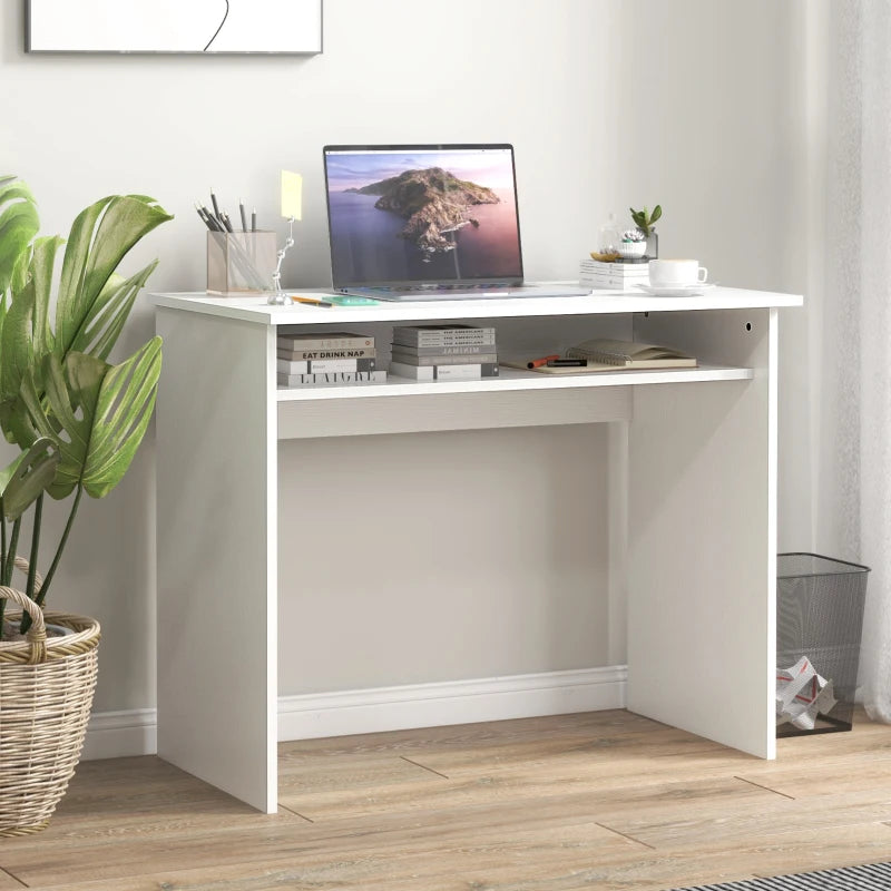 Modern White Wood Grain Computer Desk - Small Home Office Writing Table with Storage Shelf, 90 x 50cm