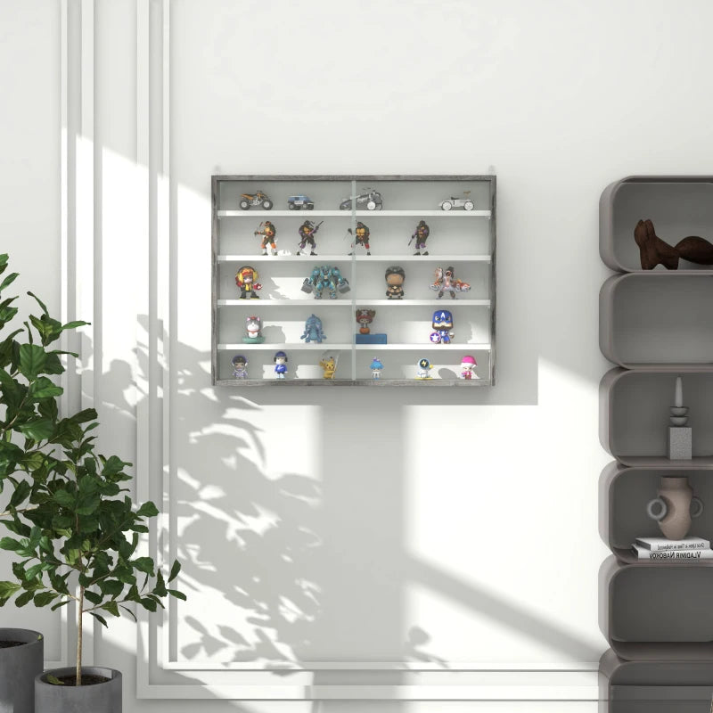5-Tier Wall Display Shelf Unit with 4 Adjustable Shelves & Glass Doors - Grey Wood Grain Cabinet for Home Office Decor 60x80cm