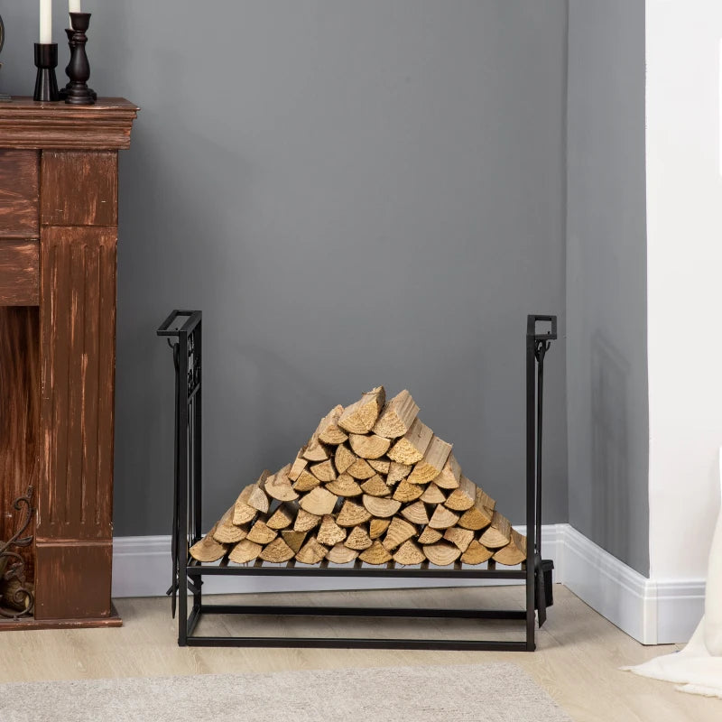 Steel Firewood Log Holder Rack - Indoor Outdoor Fireplace Wood Storage with Tools, Hooks, Rust-Resistant, Black, 75L x 30W x 60H cm
